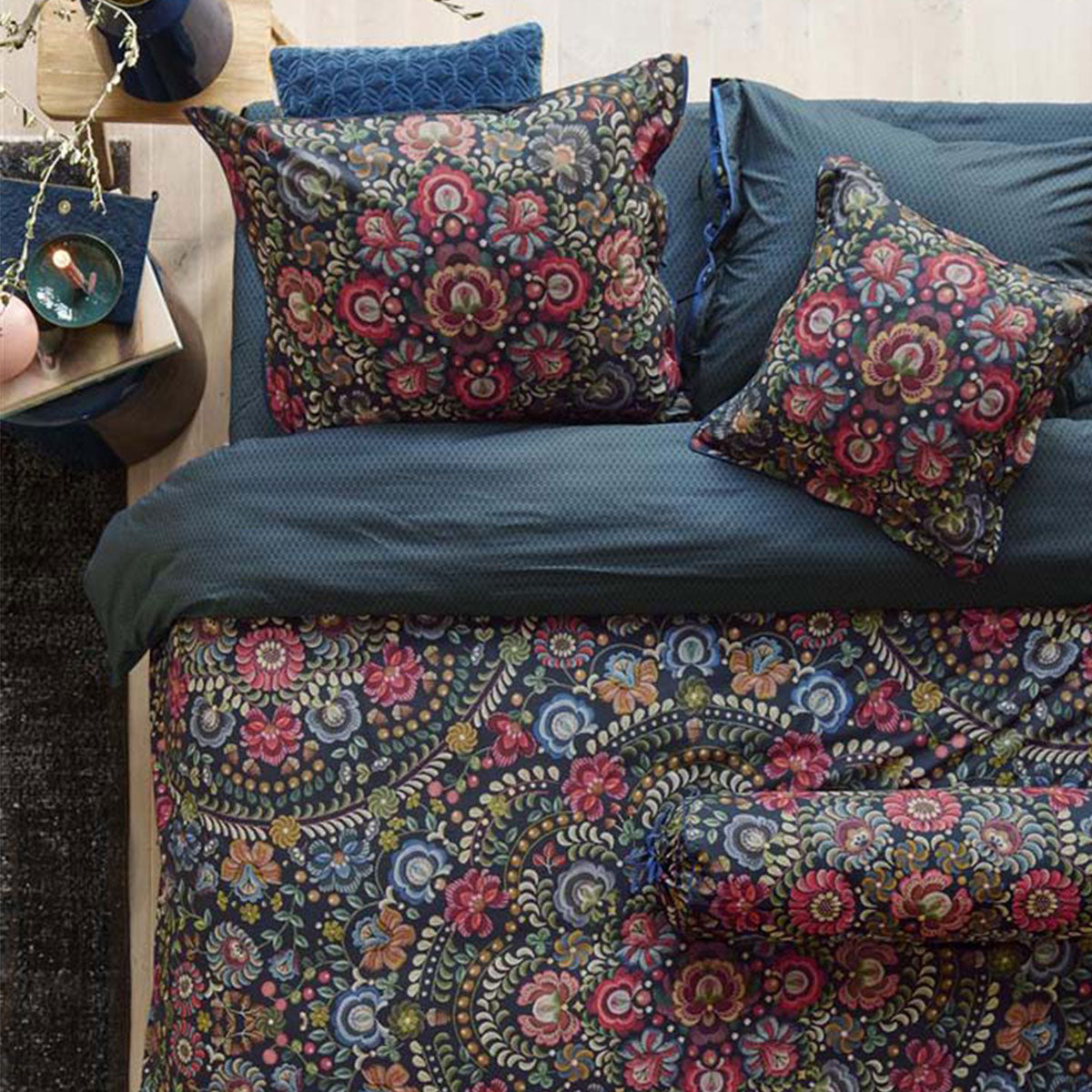 Piped Ricamo Dark Blue Cotton Quilt Cover Set - Queen