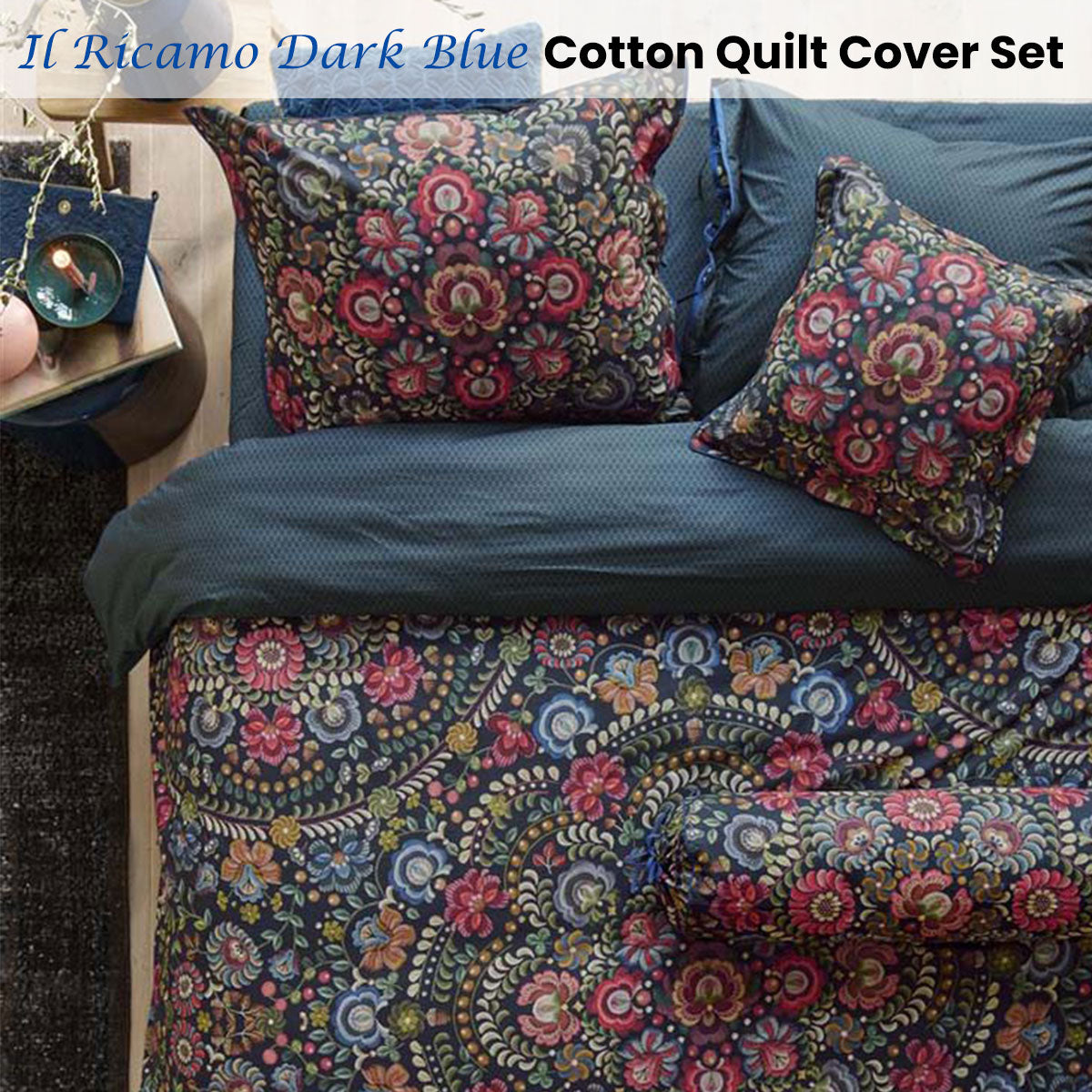 Piped Ricamo Dark Blue Cotton Quilt Cover Set - Queen