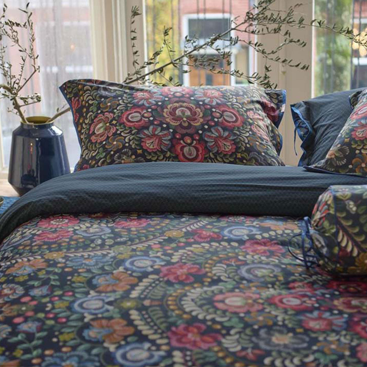 Piped Ricamo Dark Blue Cotton Quilt Cover Set - Queen