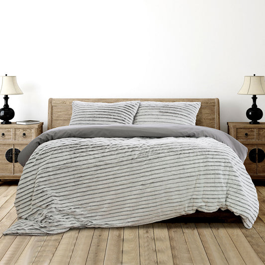 Striped Faux Fur Super Soft Quilt Cover Set Grey - Queen