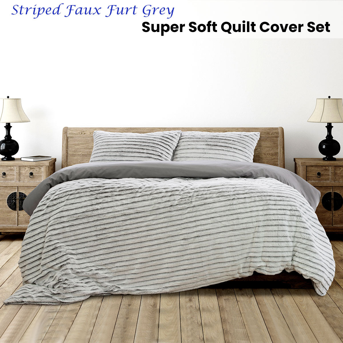 Striped Faux Fur Super Soft Quilt Cover Set Grey - Queen