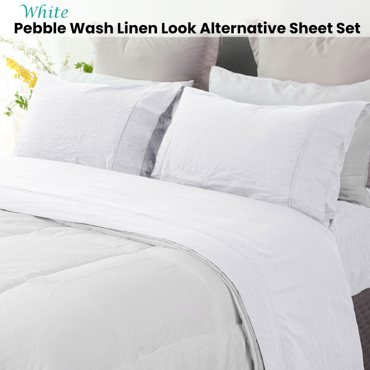 White Pebble Wash Linen Sheet Set - Single