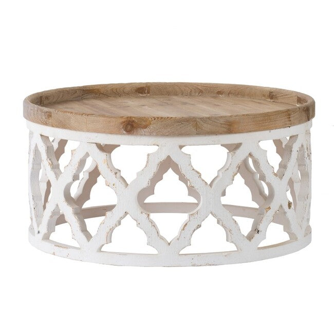 Round Lattice Coffee Table 94cm | Shabby Chic White & Natural