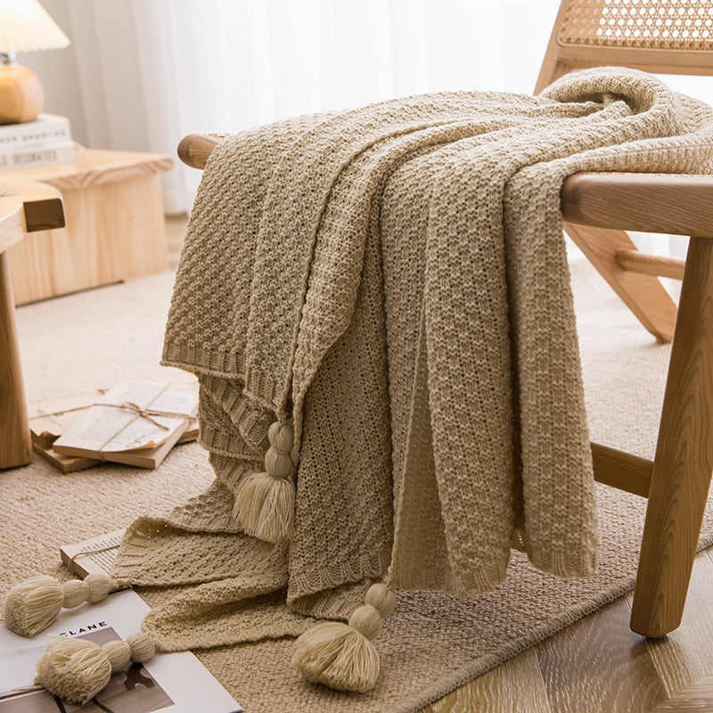 Beige Soft Tassel Throw Blanket