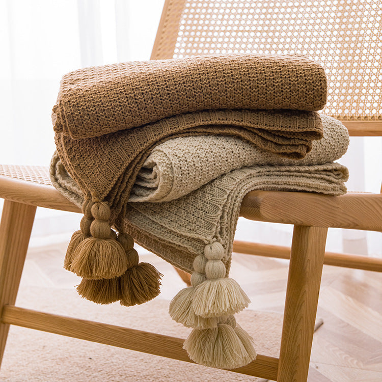 Beige Soft Tassel Throw Blanket