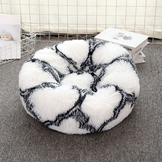 Black-White Round Plush Pet Bed - Small