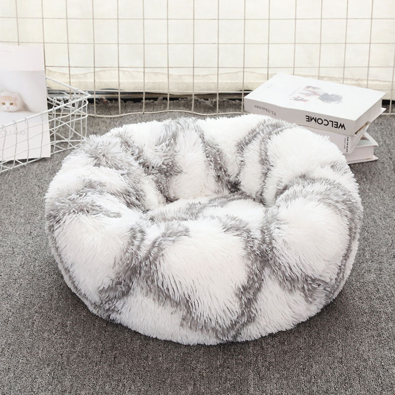 Grey-White Round Plush Pet Bed - Small