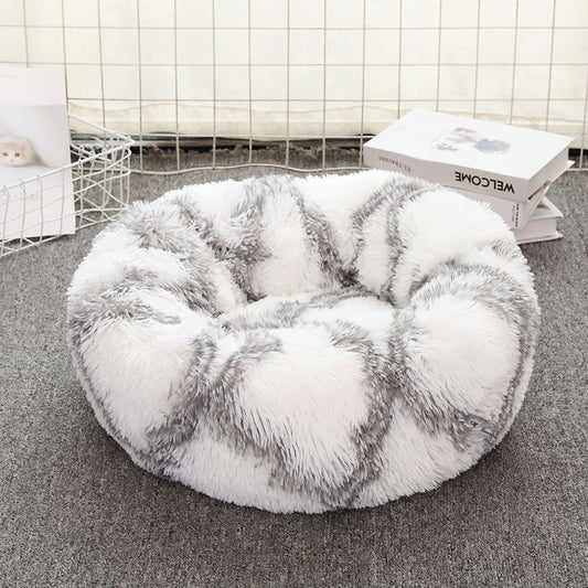 Grey-White Round Plush Pet Bed - Small