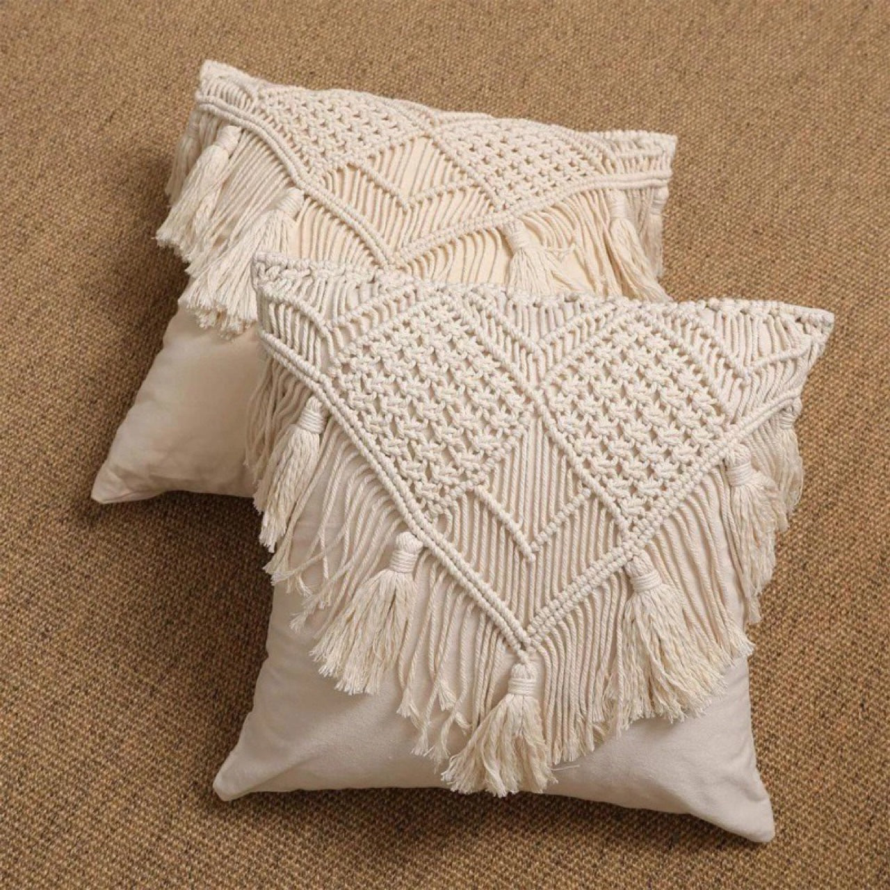 Beige Boho Chic Handmade Macrame Tasseled Cushion Cover
