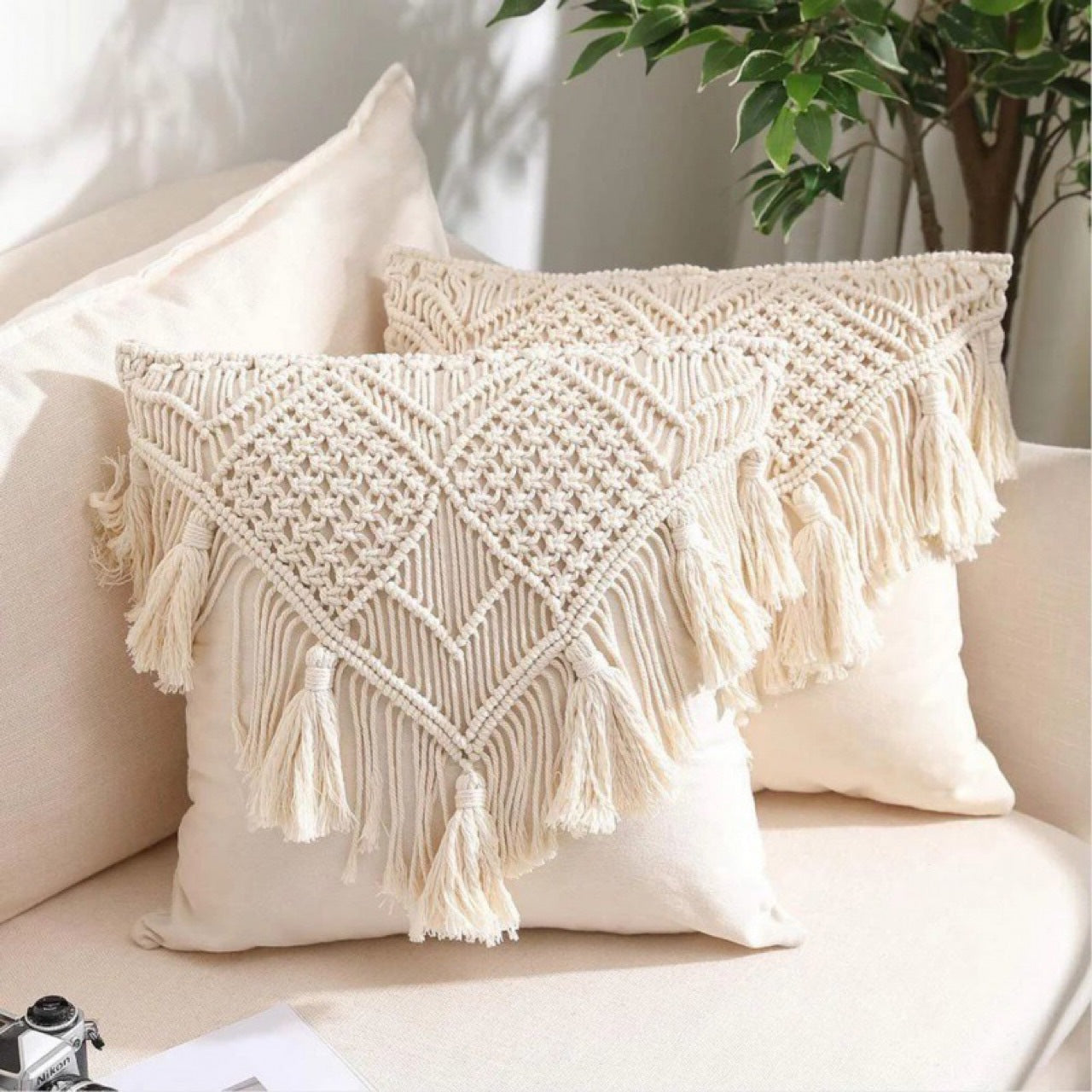 Beige Boho Chic Handmade Macrame Tasseled Cushion Cover