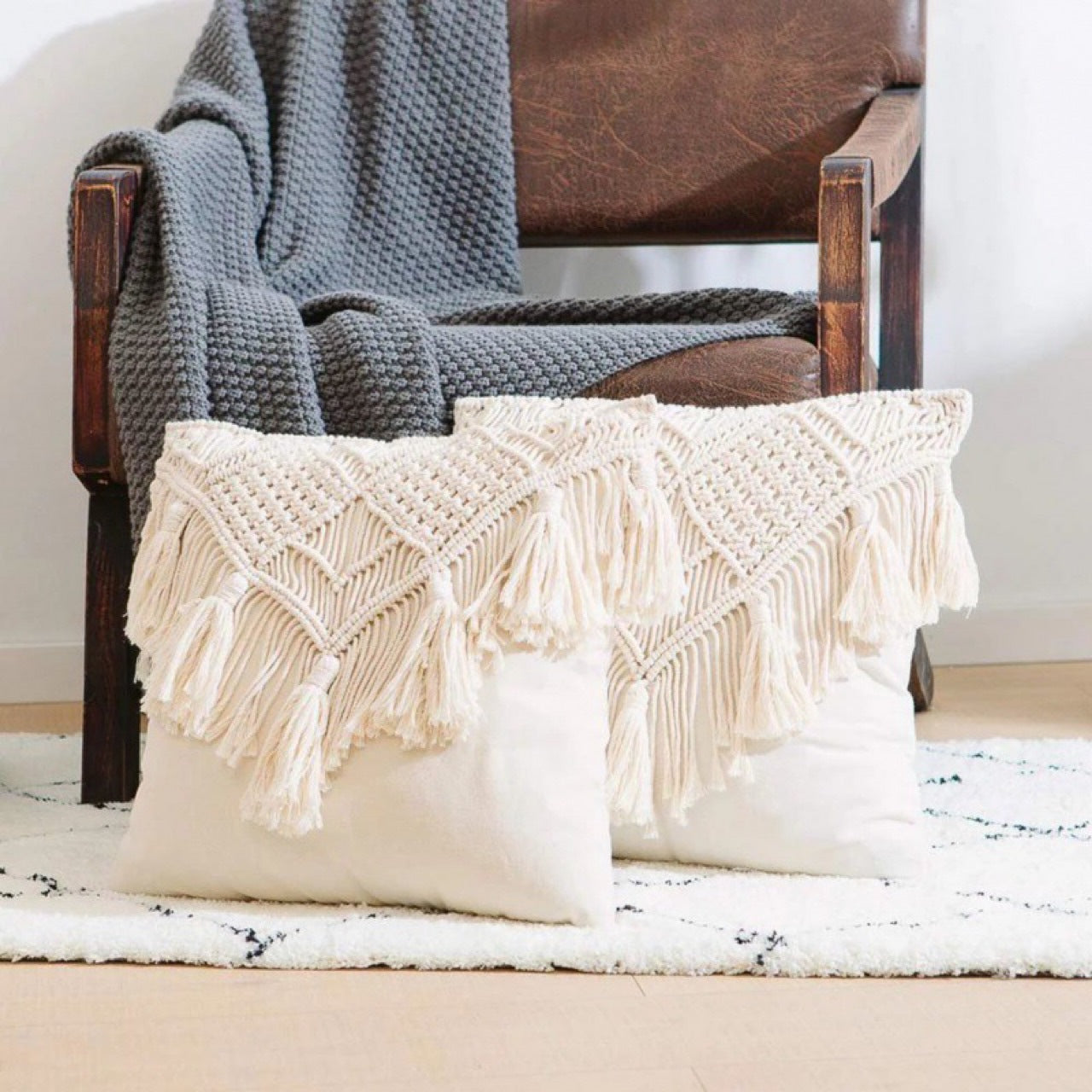 Beige Boho Chic Handmade Macrame Tasseled Cushion Cover