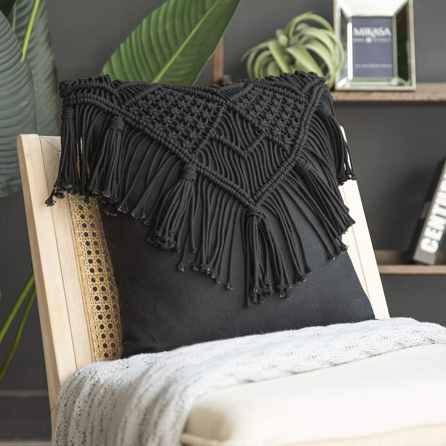 Black Boho Chic Handmade Macrame Tasseled Cushion Cover