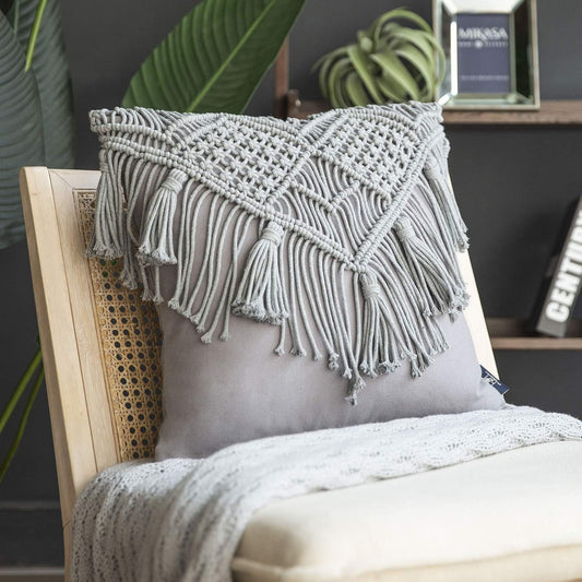 Grey Boho Chic Macrame Handmade Macrame Tasseled Cushion Cover