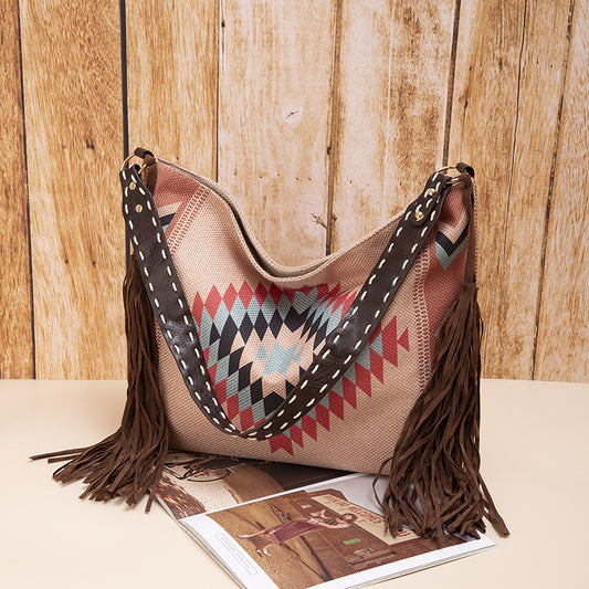 Bohemian Canvas Hobo Bag with Tassels & Geometric Print – Large Shoulder Bag | Khaki