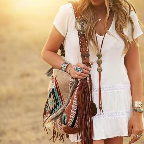 Bohemian Canvas Hobo Bag with Tassels & Geometric Print – Large Shoulder Bag | Khaki