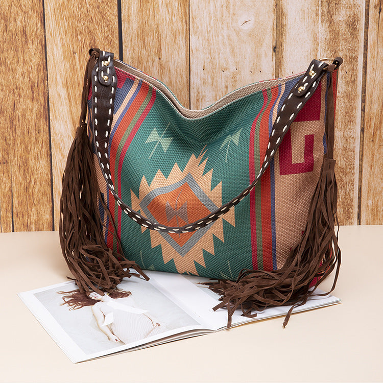 Bohemian Canvas Hobo Bag with Tassels & Geometric Print – Large Shoulder Bag | Green