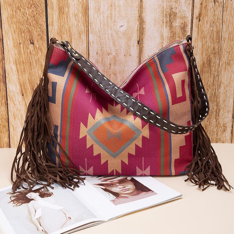 Bohemian Canvas Hobo Bag with Tassels & Geometric Print – Large Shoulder Bag | Purple