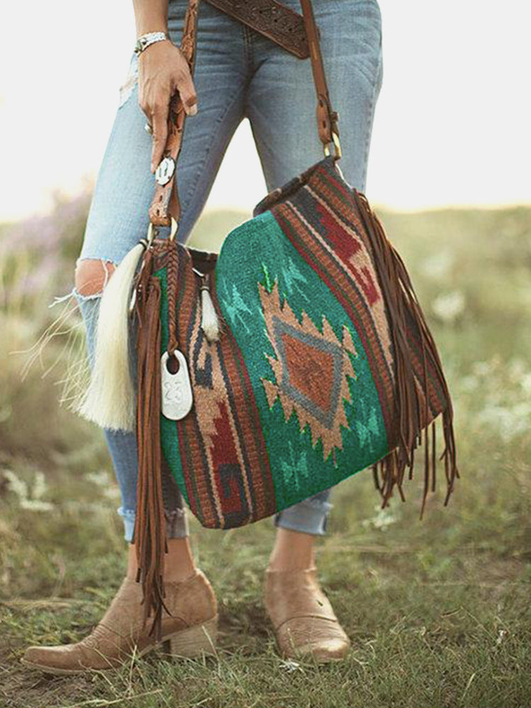 Bohemian Canvas Hobo Bag with Tassels & Geometric Print – Large Shoulder Bag | Purple