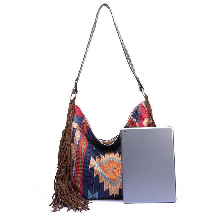 Bohemian Canvas Hobo Bag with Tassels & Geometric Print – Large Shoulder Bag | Purple