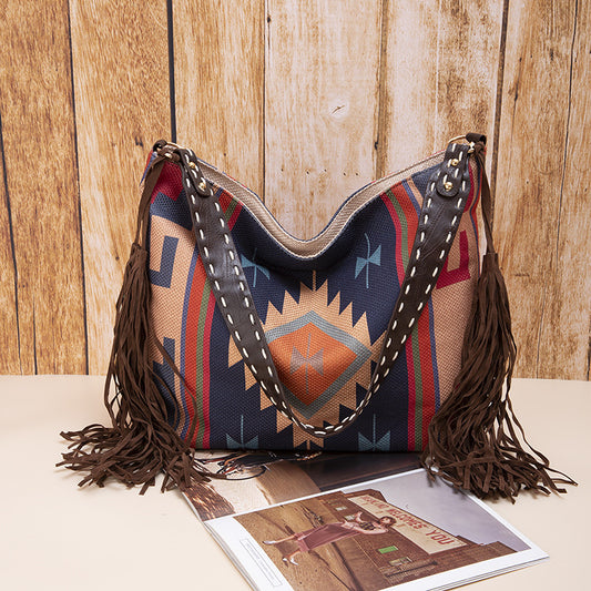 Bohemian Canvas Hobo Bag with Tassels & Geometric Print – Large Shoulder Bag | Blue