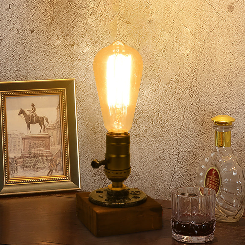 Rustic Industrial Table Lamp | Wooden Base Edison Bulb Accent Light