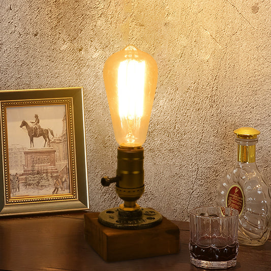 Rustic Industrial Table Lamp | Wooden Base Edison Bulb Accent Light