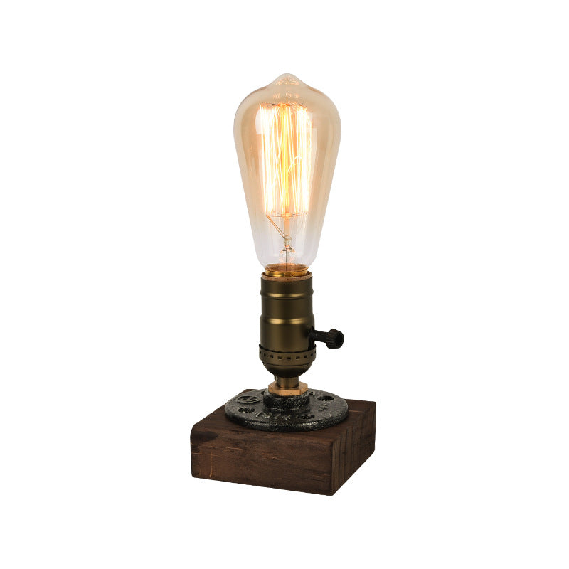Rustic Industrial Table Lamp | Wooden Base Edison Bulb Accent Light