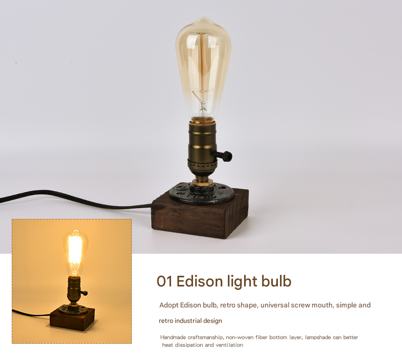 Rustic Industrial Table Lamp | Wooden Base Edison Bulb Accent Light