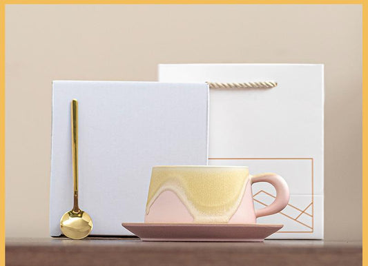Gradient Glaze Ceramic Cup & Saucer Set with Spoon | Gift Boxed – Pink