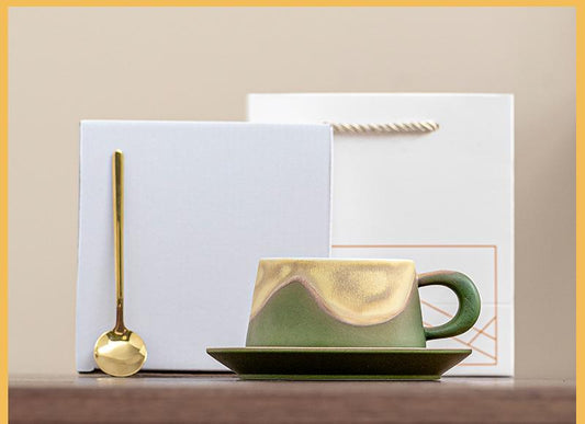 Gradient Glaze Ceramic Cup & Saucer Set with Spoon | Gift Boxed – Green