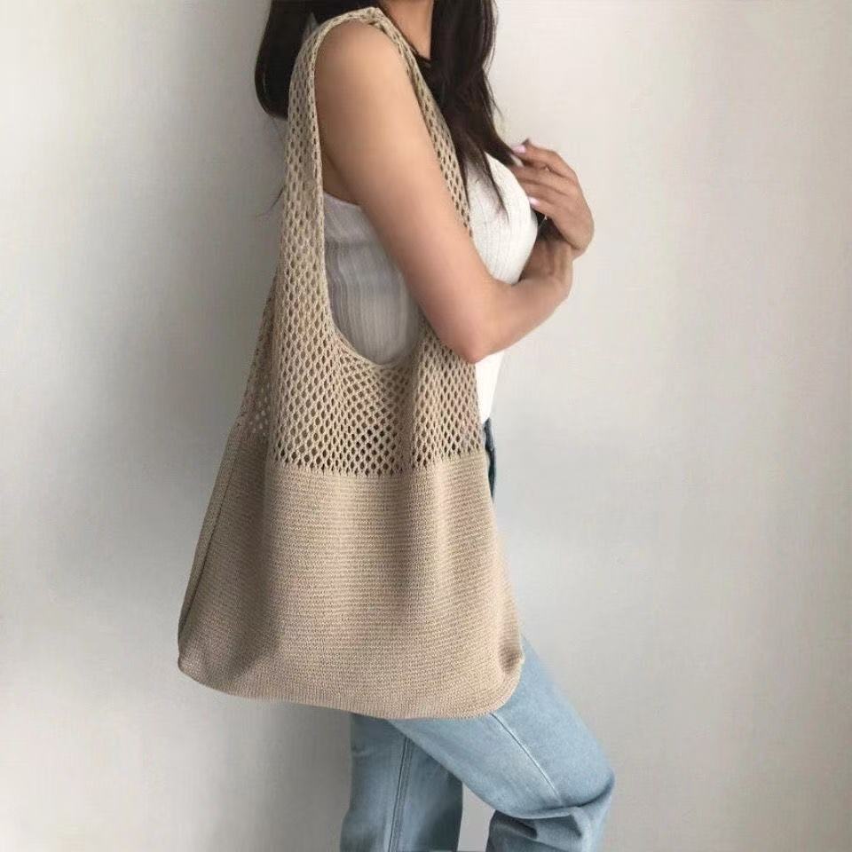 Shallow khaki patchwork Bohemian Knit Shoulder Bag - Hand-Woven Crochet Tote for Women