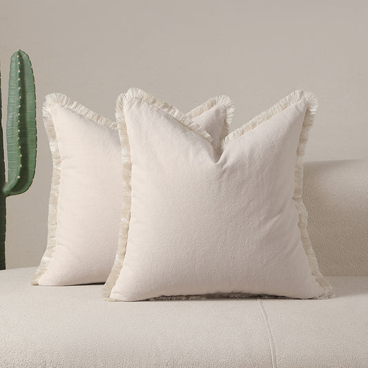 2 Pack Beige - Boho Fringed Cotton Cushion Covers