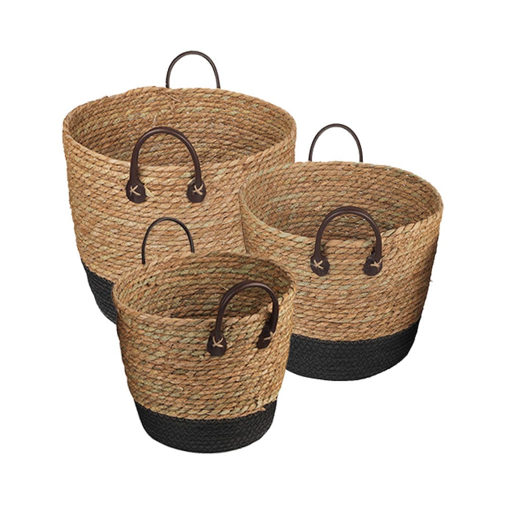 Handmade Stripe Storage Basket Set with Carry Handles — 3 Piece Natural