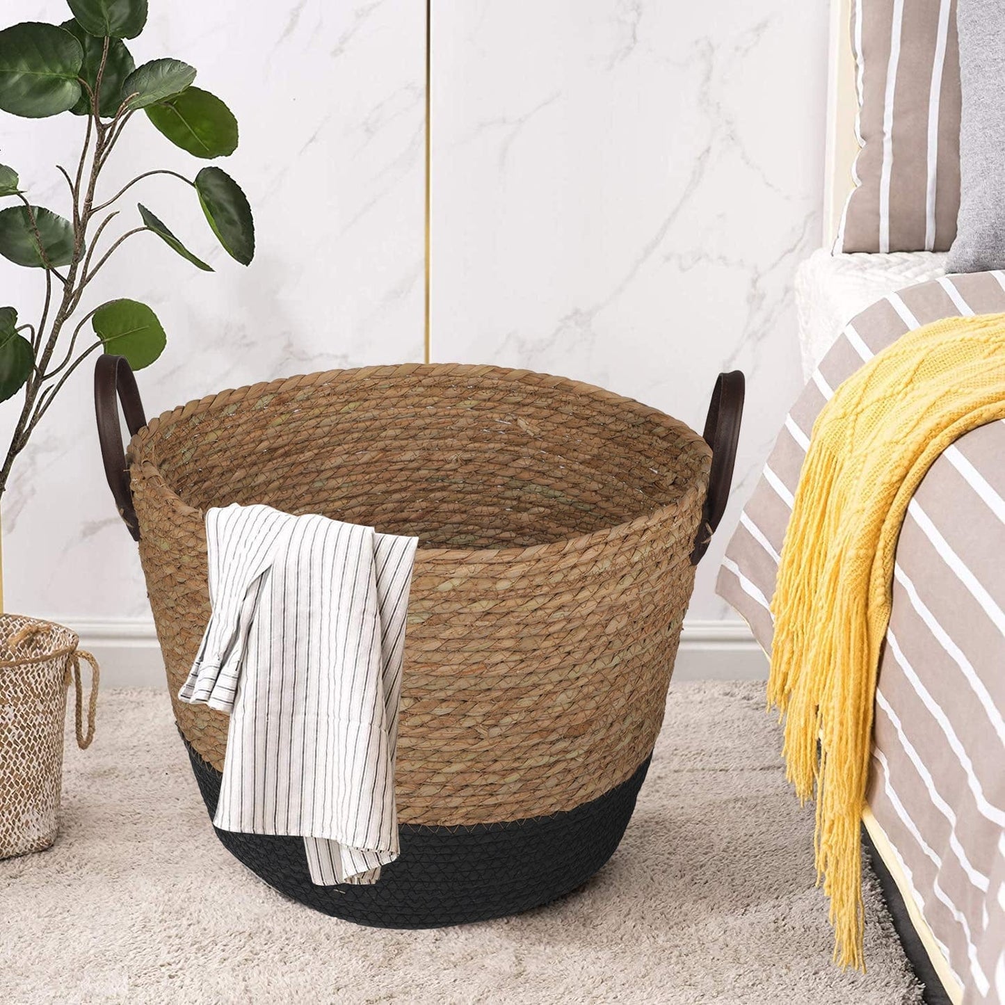 Handmade Stripe Storage Basket Set with Carry Handles — 3 Piece Natural