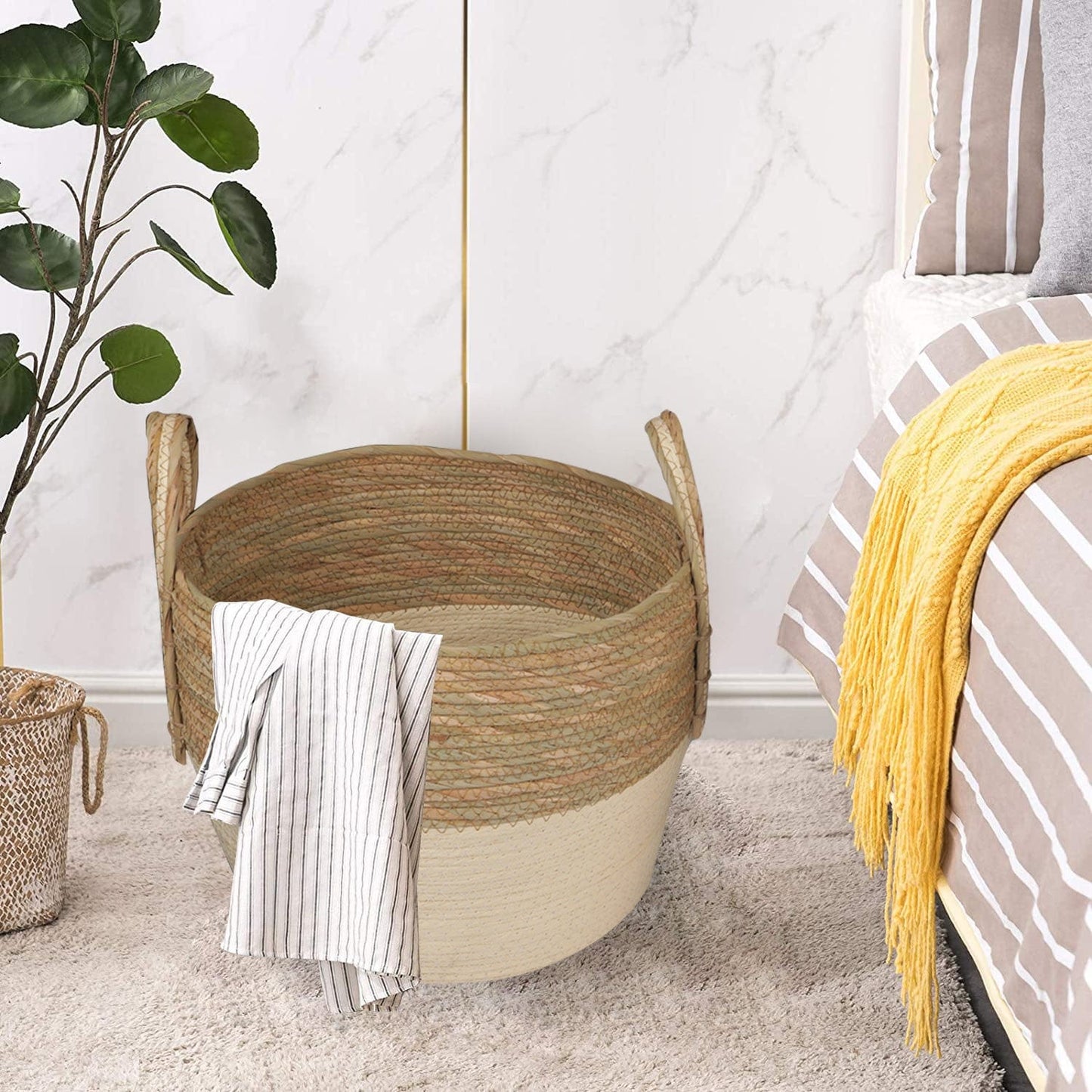 Handmade Stripe Storage Basket Set with Carry Handles — 3 Piece Compact