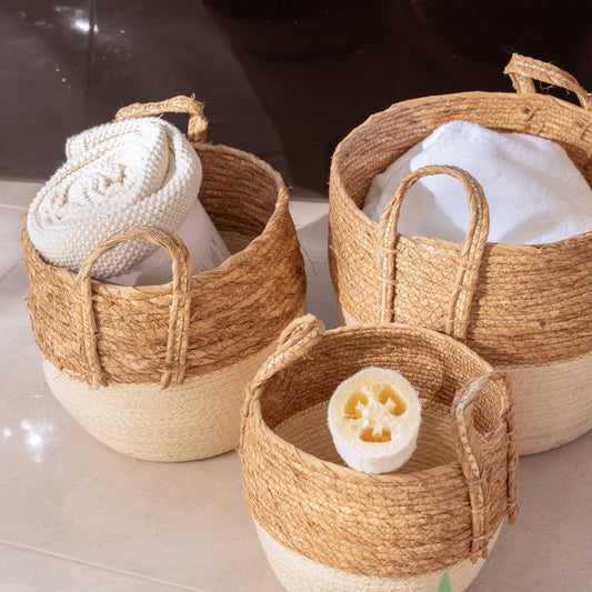 Handmade Stripe Storage Basket Set with Carry Handles — 3 Piece Compact