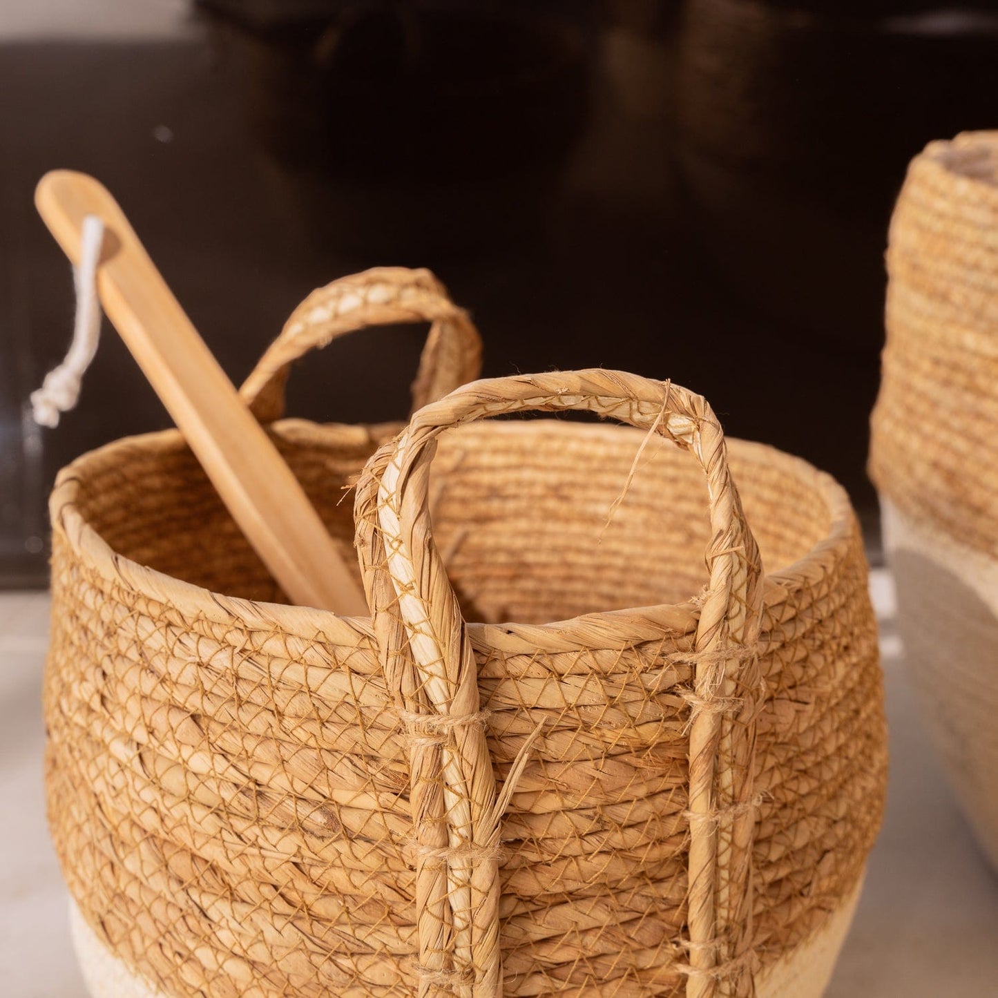Handmade Stripe Storage Basket Set with Carry Handles — 3 Piece Compact
